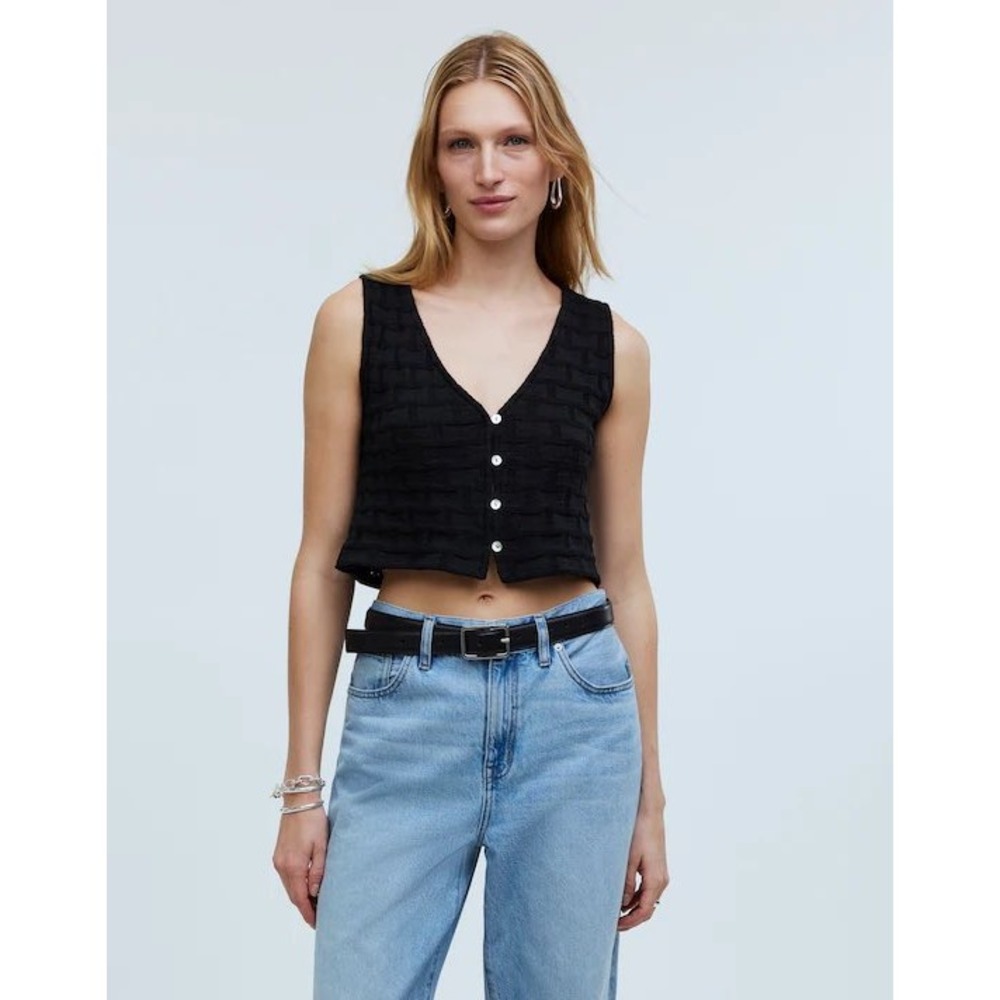 Madewell Black Basketweave Knit Cropped Sweater Vest Button Front V-Neck Small
